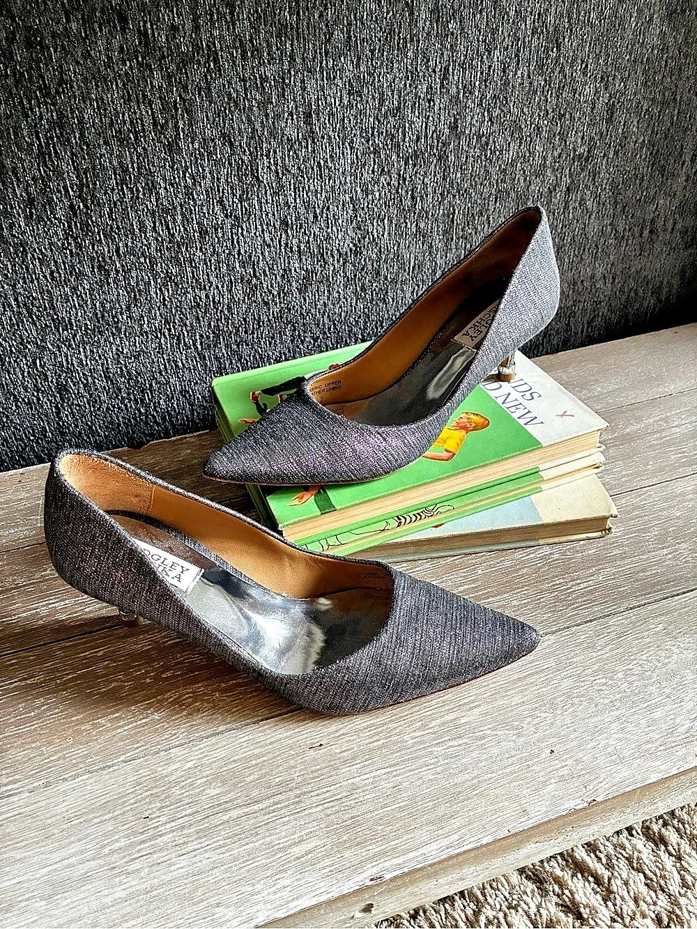Badgley Mischka Pointed Toe Kitten Heels With Subtle Shimmery Metallic Texture